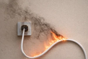 płonący biały przewód podłączony do gniazdka elektrycznego na jasnej ścianie, widoczny ogień oraz gęsty, czarny dym unoszący się nad nadtopioną wtyczką.