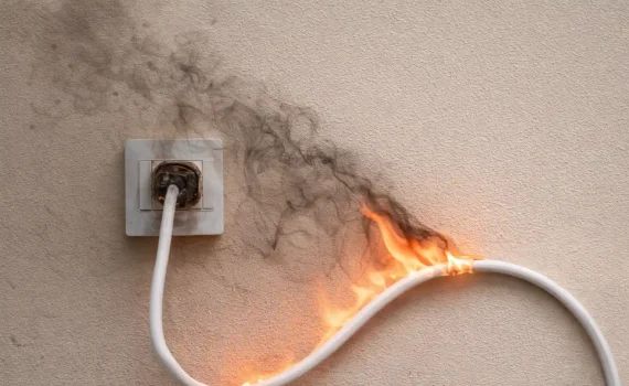 płonący biały przewód podłączony do gniazdka elektrycznego na jasnej ścianie, widoczny ogień oraz gęsty, czarny dym unoszący się nad nadtopioną wtyczką.