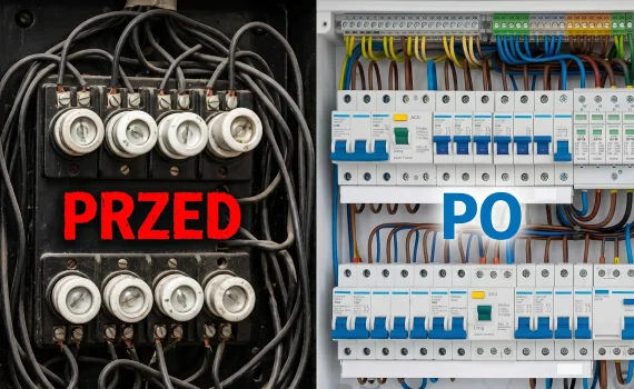 Porównanie przed i po przedstawiające starą skrzynkę z bezpiecznikami topikowymi oraz nowoczesną rozdzielnicę elektryczną w domu po modernizacji